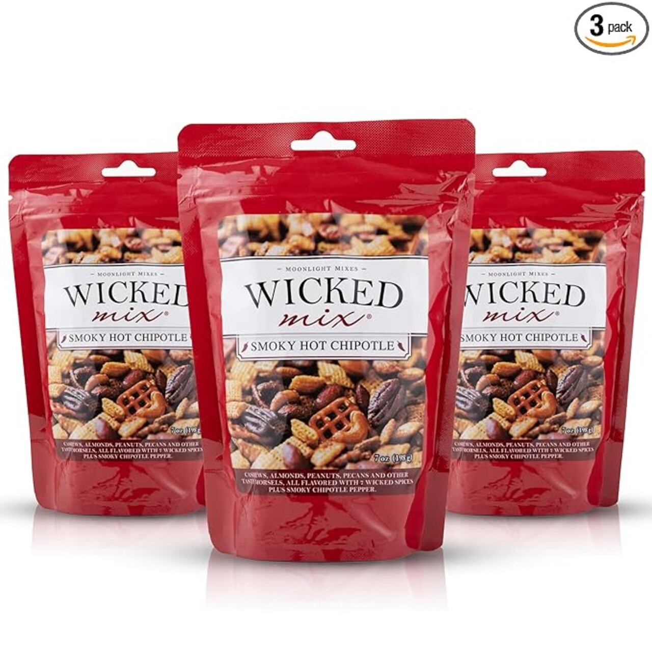 Wicked Mix Snack Mix with Mixed Nuts - Sweet and Salty Snacks Trail Mix Snack Packs with Almonds, Cashews, Pretzels, Pecans - Healthy Snacks Zero Trans Fat in Resealable Bag (Smoky Hot Chipotle, Pack of 3)